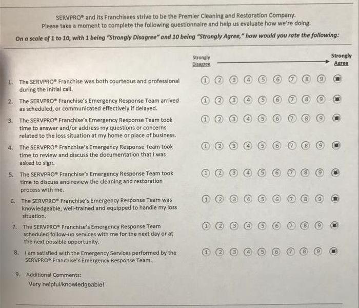 Document showing customers opinion on how SERVPRO did on a job